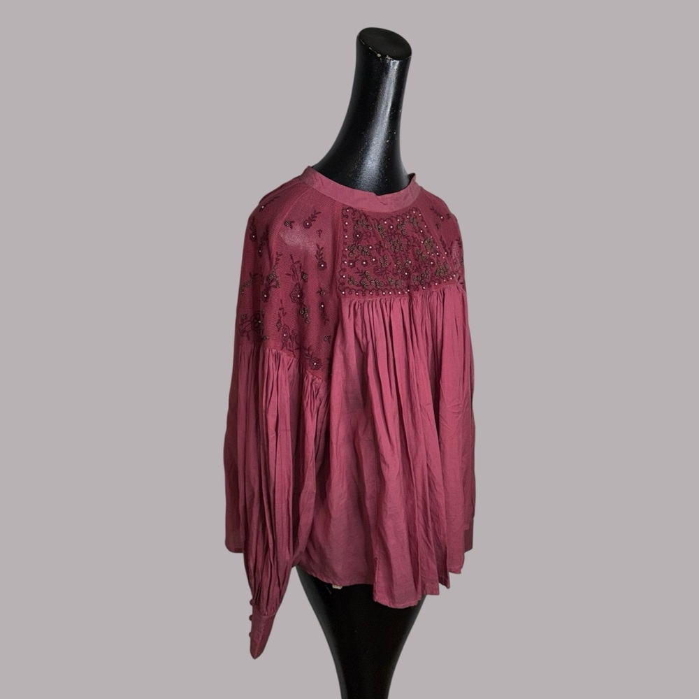 Free People Mesh Beaded Embroidered Balloon Sleeve
Tie Back Blouse. - Picture 14 of 16